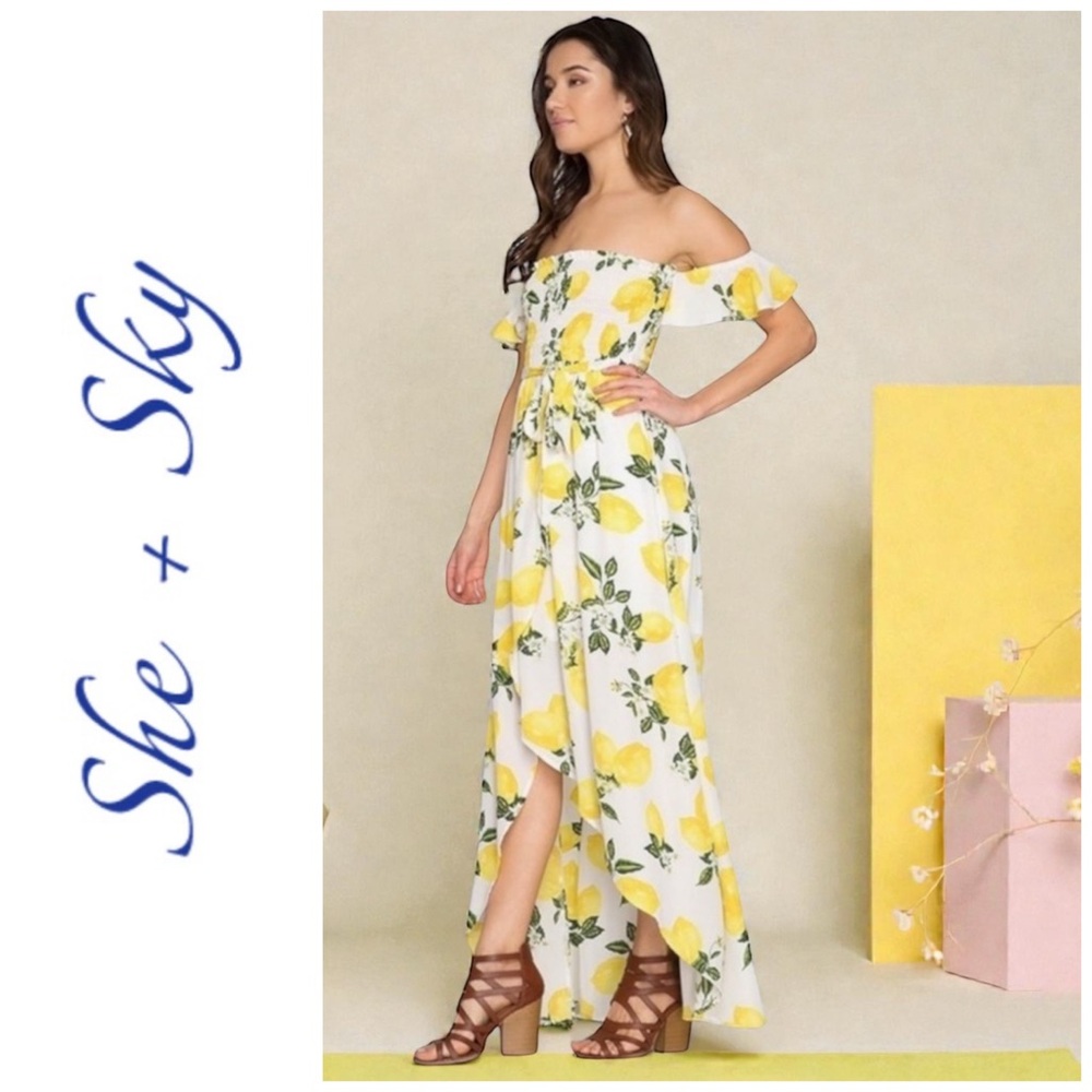 Off Shoulder Lemon Print Hi-Low Ruffle Sun Dress - Picture 2 of 7
